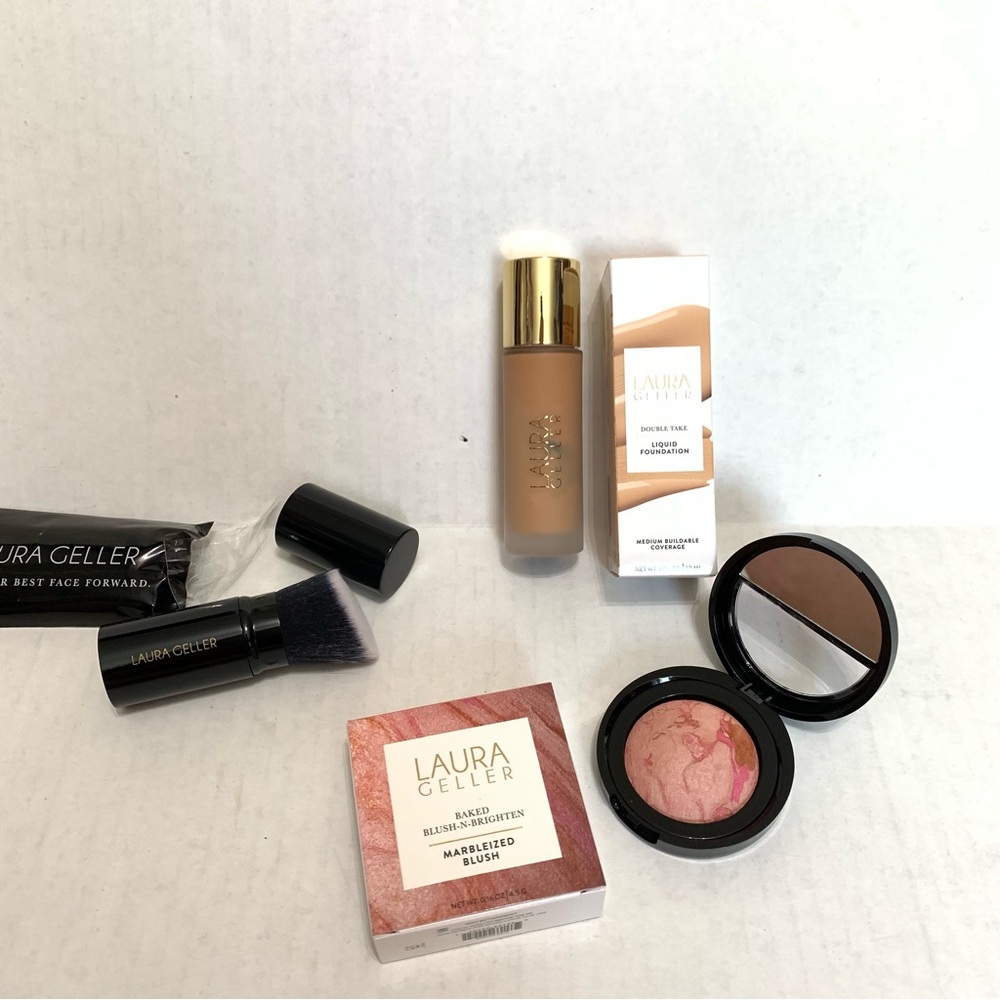 Laura Geller Double Take Foundation Medium, pink buttercream blush, kabuki brush